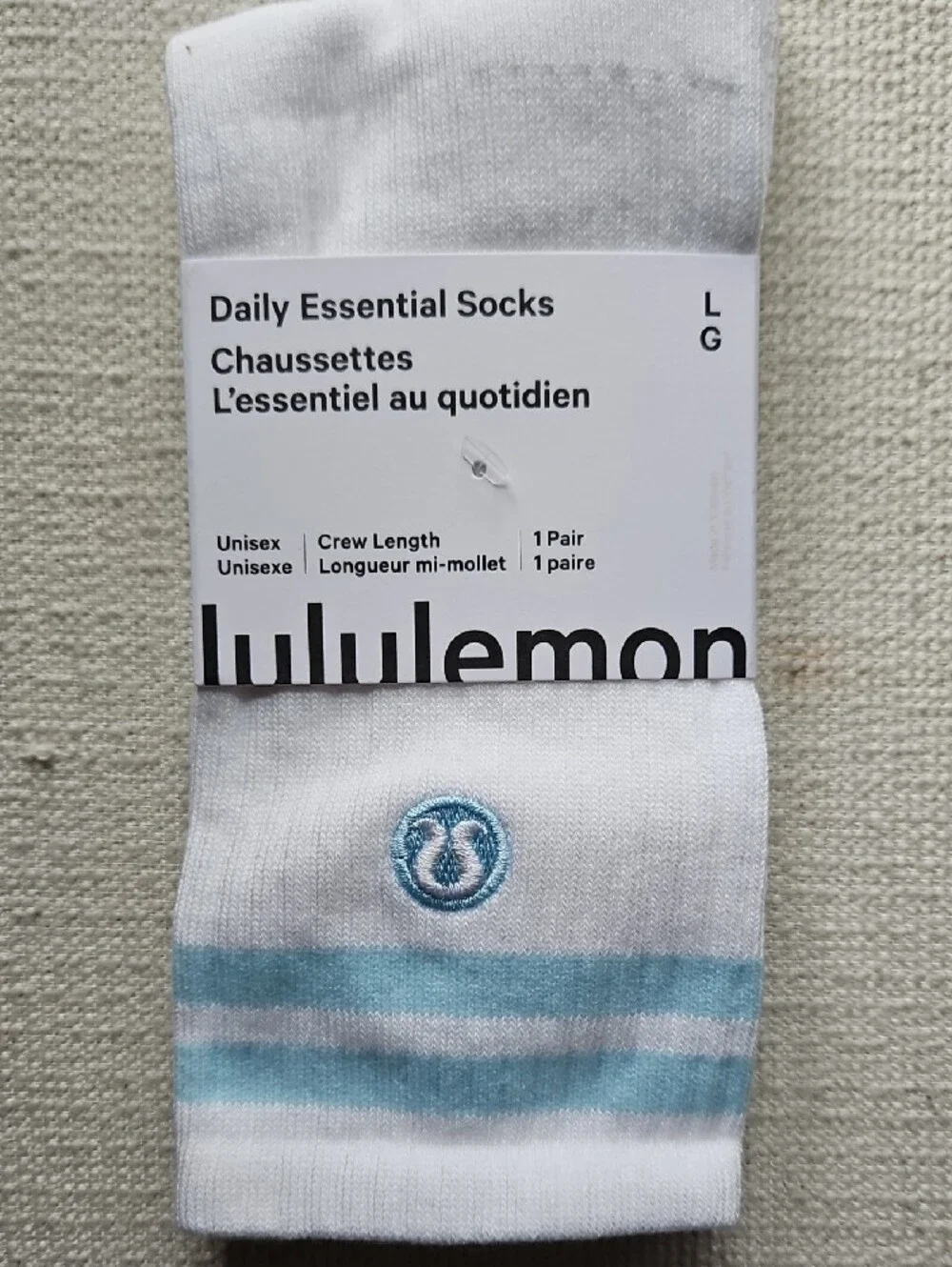 lululemon athletica White Crew Socks with Light Blue Stripes